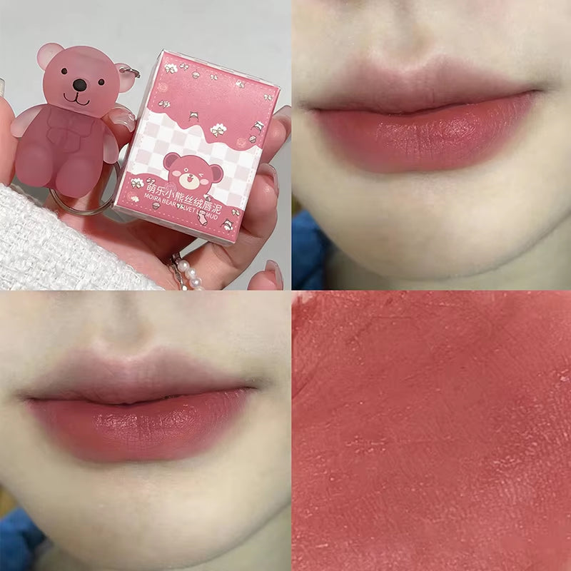 Cute Bear Keychain Lip Mud Nude Matte Liquid Lipstick Waterproof Long Lasting Lipgloss Moisturizing Lip Tint Cosmetics Korean