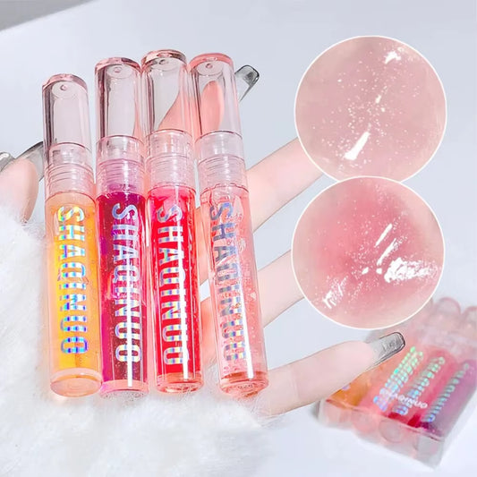 4 PCS Water-Gloss Mirror Jelly Lip Gloss Moisturizes Lips Shimmers with Fine Pearls Brightens Lip Color