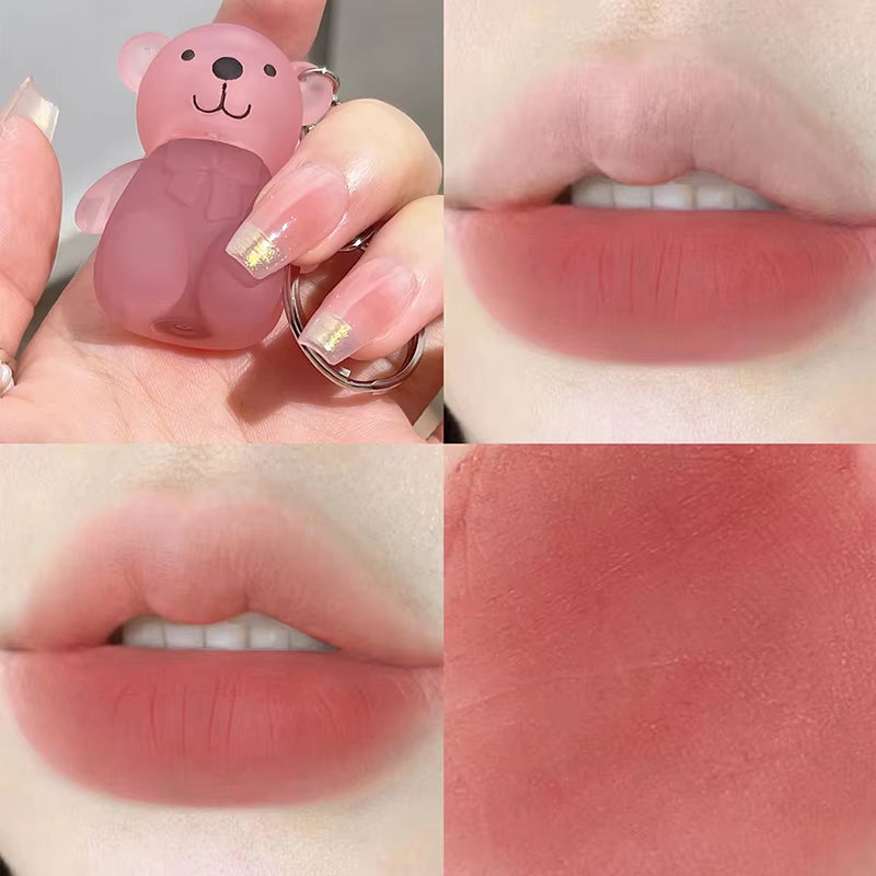 Cute Bear Keychain Lip Mud Nude Matte Liquid Lipstick Waterproof Long Lasting Lipgloss Moisturizing Lip Tint Cosmetics Korean