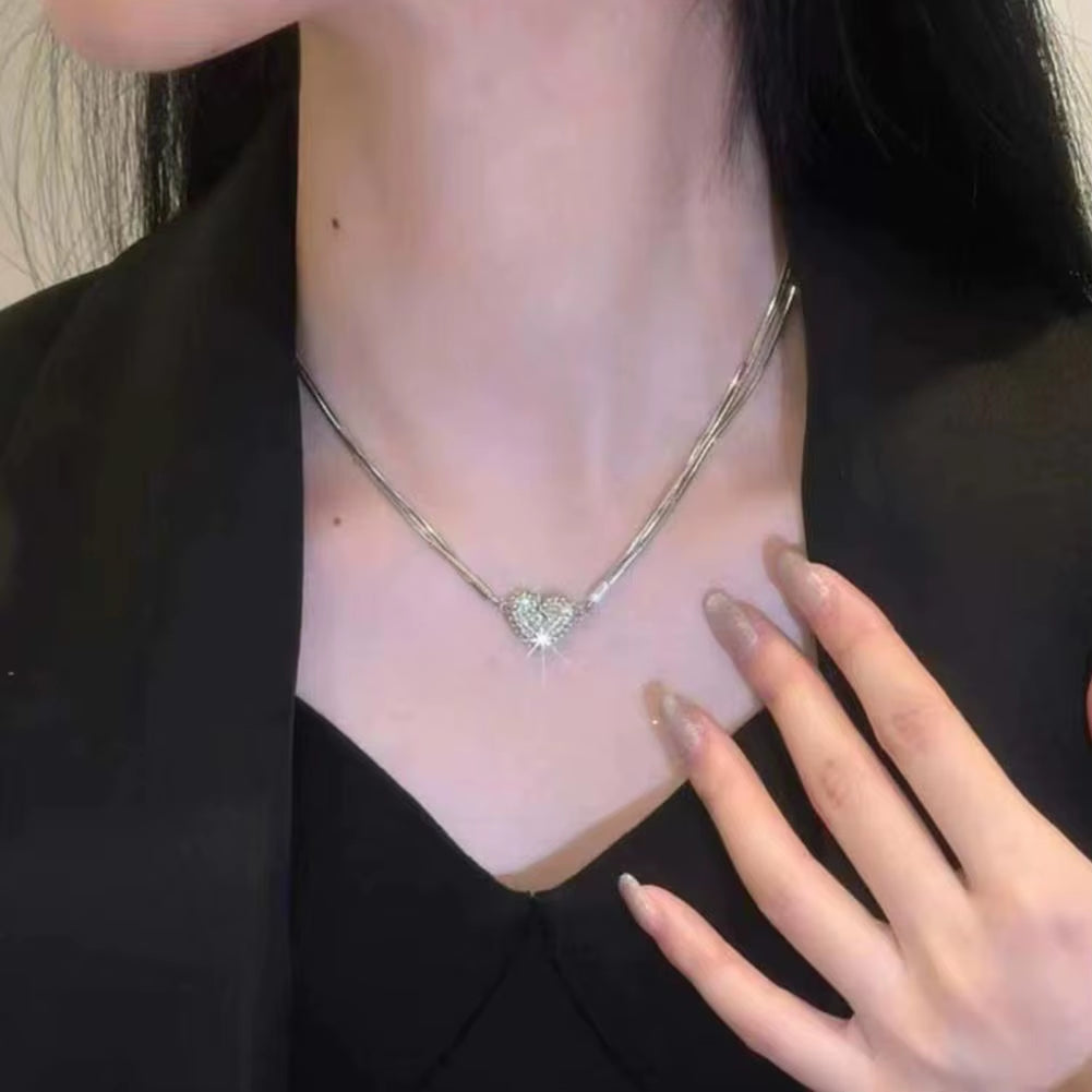 Women Necklace Magnetic Broken Heart Pendant Clavicle Chain Rhinestone Three-Layered Snake Bone Chain Clavicle Necklace Jewelry