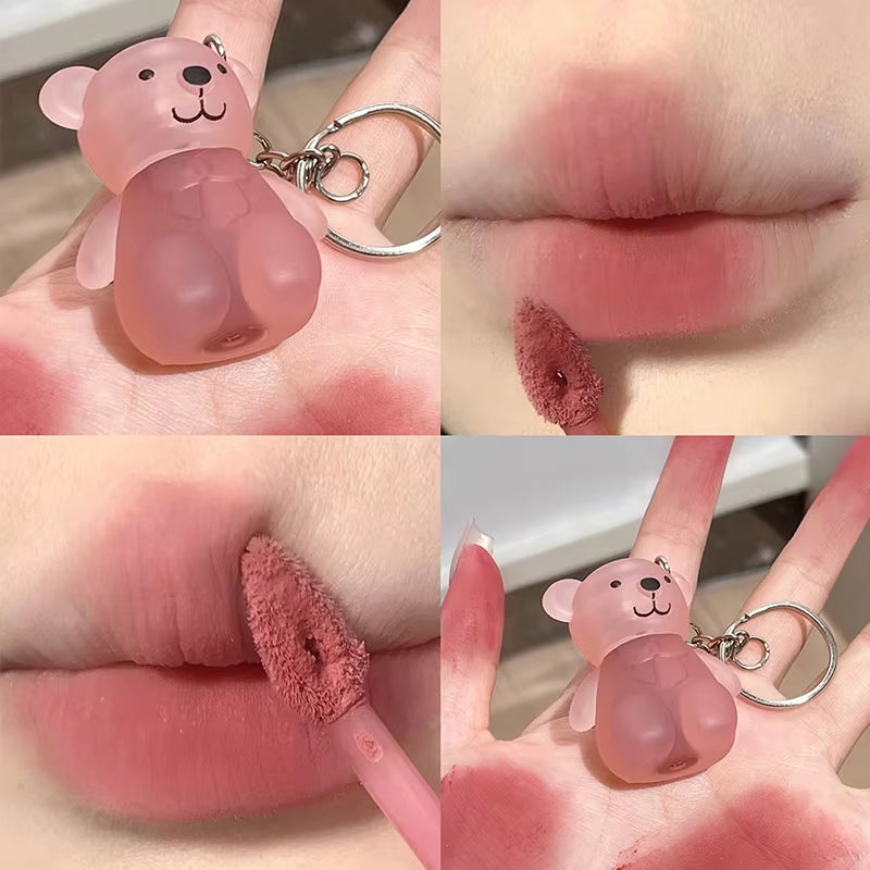 Cute Bear Keychain Lip Mud Nude Matte Liquid Lipstick Waterproof Long Lasting Lipgloss Moisturizing Lip Tint Cosmetics Korean