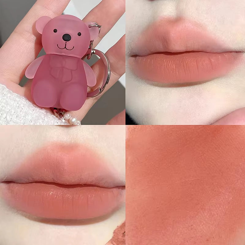 Cute Bear Keychain Lip Mud Nude Matte Liquid Lipstick Waterproof Long Lasting Lipgloss Moisturizing Lip Tint Cosmetics Korean