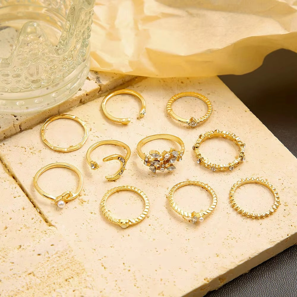 10Pcs Rings Suit for Women Gold-Color Chain Ring Set Bohemian Style Coin Snake Moon Star Party Trend Gift Jewelry