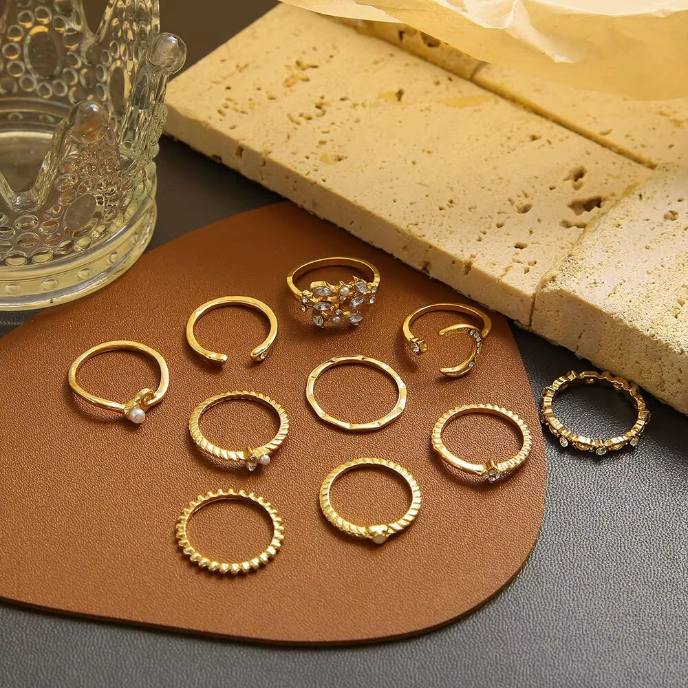 10Pcs Rings Suit for Women Gold-Color Chain Ring Set Bohemian Style Coin Snake Moon Star Party Trend Gift Jewelry