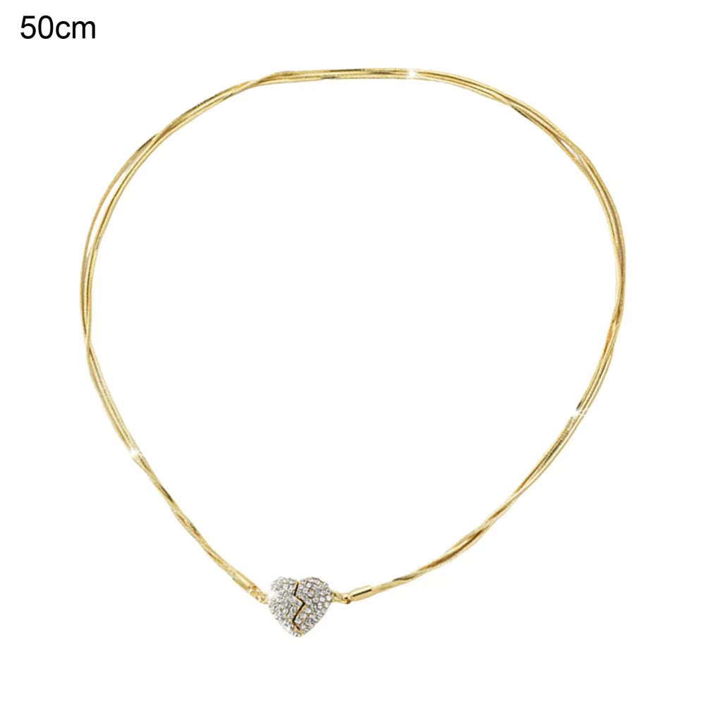 Women Necklace Magnetic Broken Heart Pendant Clavicle Chain Rhinestone Three-Layered Snake Bone Chain Clavicle Necklace Jewelry