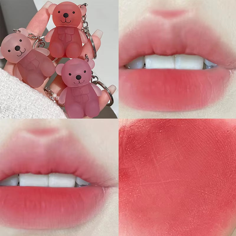 Cute Bear Keychain Lip Mud Nude Matte Liquid Lipstick Waterproof Long Lasting Lipgloss Moisturizing Lip Tint Cosmetics Korean