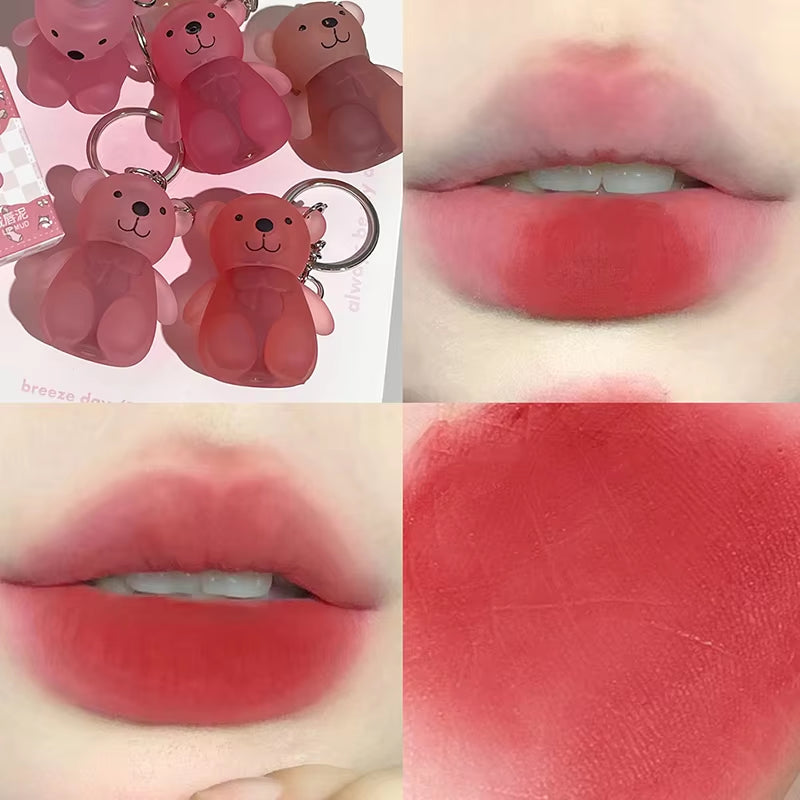 Cute Bear Keychain Lip Mud Nude Matte Liquid Lipstick Waterproof Long Lasting Lipgloss Moisturizing Lip Tint Cosmetics Korean