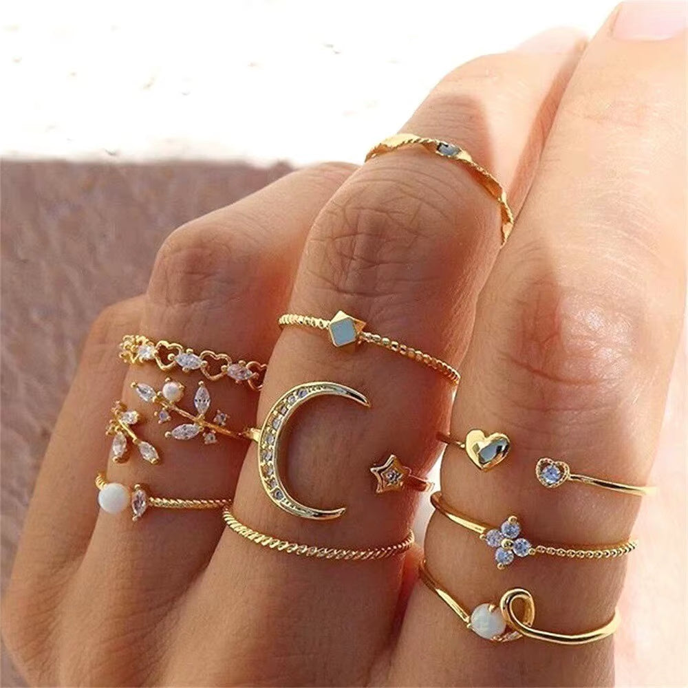 10Pcs Rings Suit for Women Gold-Color Chain Ring Set Bohemian Style Coin Snake Moon Star Party Trend Gift Jewelry