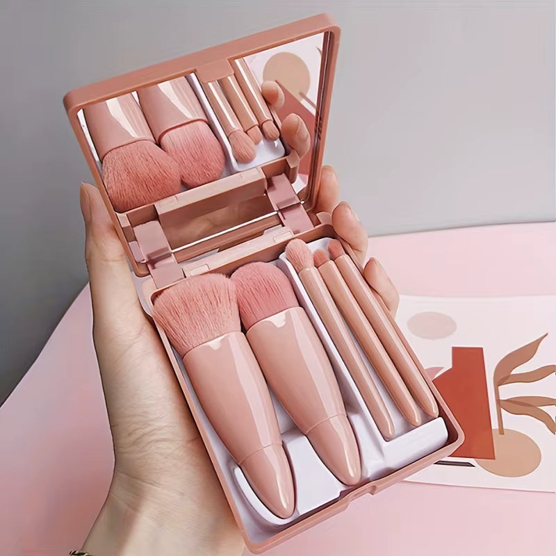 5Pcs Portable Makeup Brush Set with Mirror - Foldable Travel Kit , Mini Makeup Brush Set Travel Makeup Brush Set