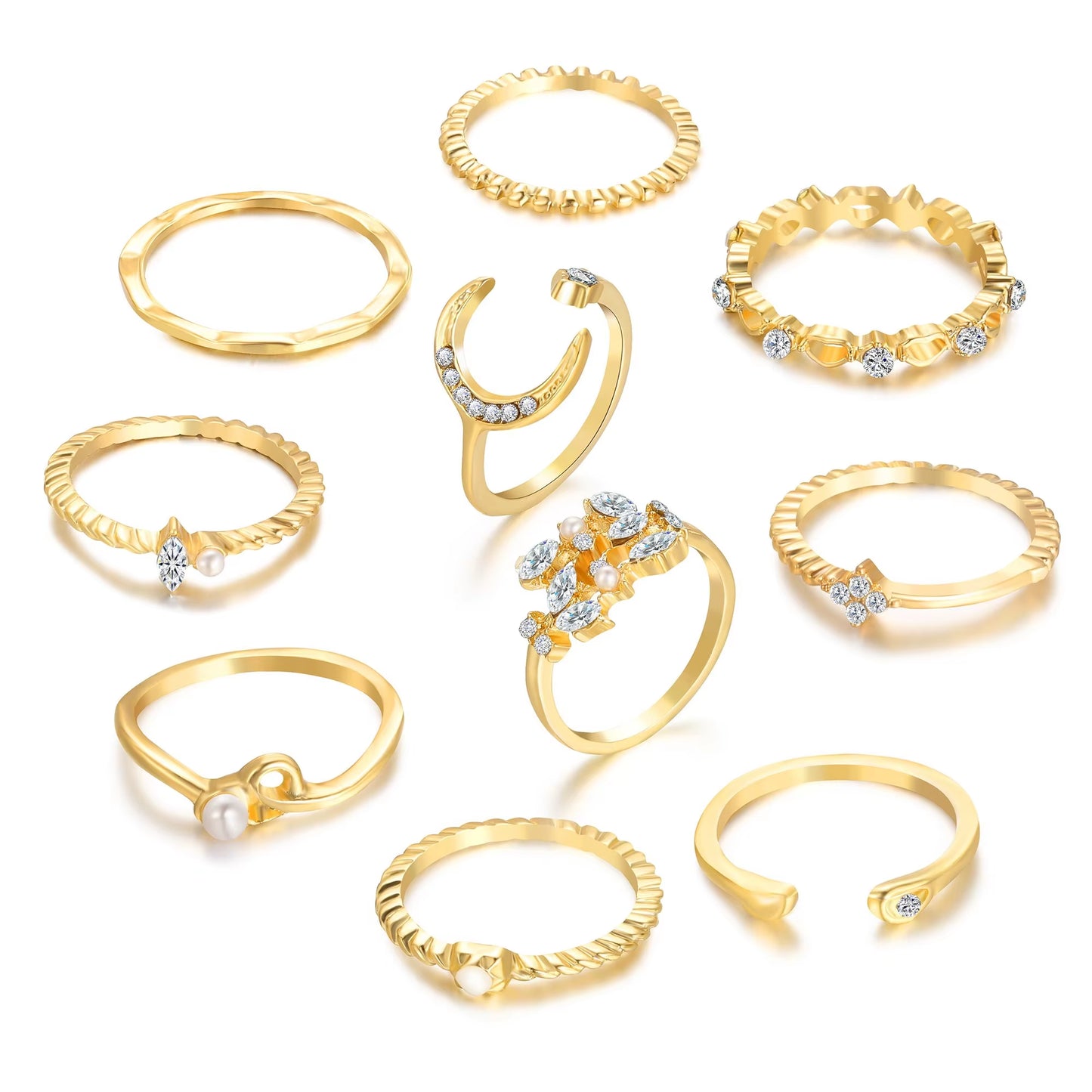 10Pcs Rings Suit for Women Gold-Color Chain Ring Set Bohemian Style Coin Snake Moon Star Party Trend Gift Jewelry