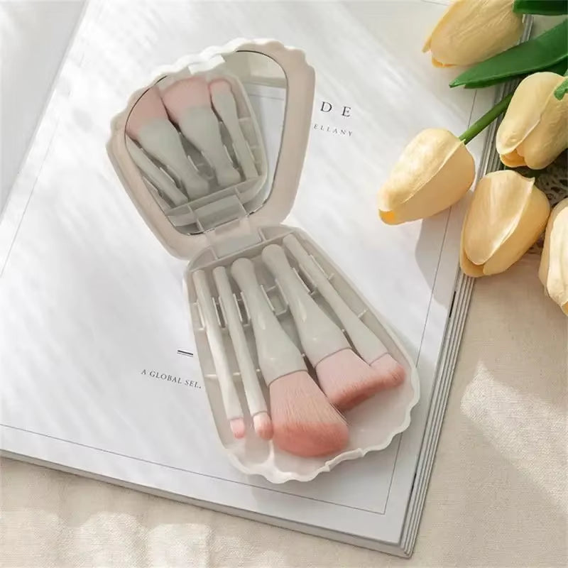 5Pcs Shell Makeup Brushes Set with Mirror Makeup Powder Brush Eyeshadow Highlighter Foundation Soft Brush Beauty Tool